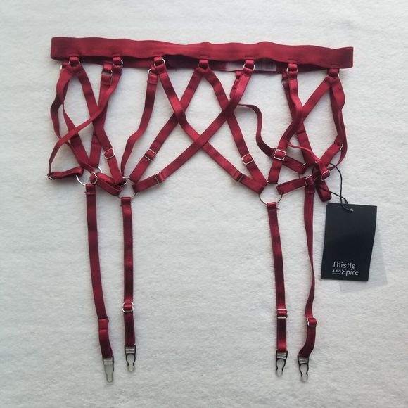 Thistle and Spire Red Garter Belt Women's Medium Ruby Crossed Strappy Lingerie - Picture 2 of 7